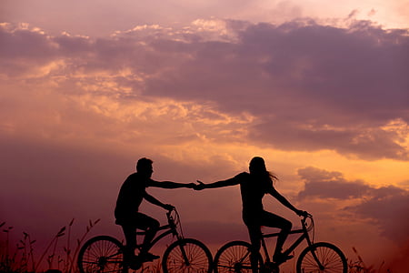 자전거, 자전거, 사이클, 새벽, 황혼, 남자, 야외에서