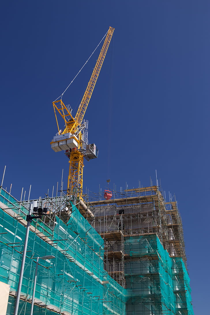 Crane, bâtiment, construction, ciel bleu, terrain à bâtir, chantier de construction, échafaudage