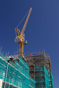 Crane, byggnad, konstruktion, blå himmel, byggplats, byggarbetsplats, byggnadsställningar