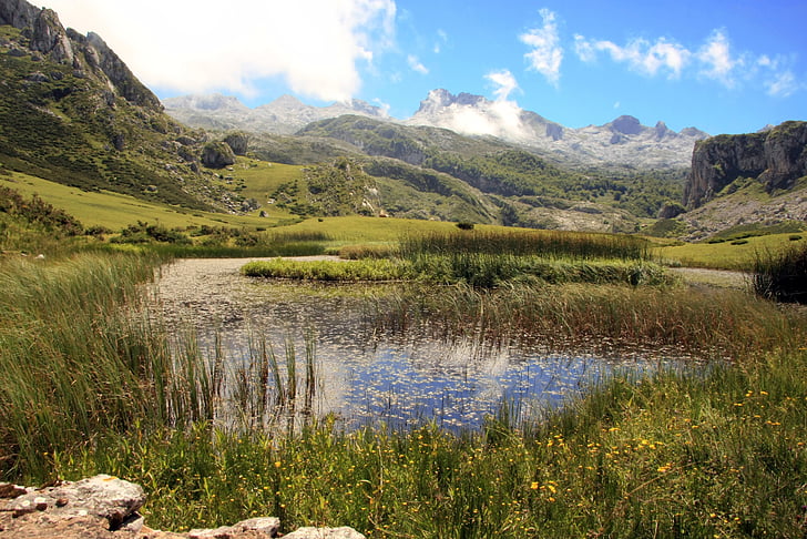 lake, landscape, green, spain, asturias, mountains, gaps