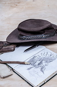 vaquero, occidental, oeste, sombrero, libro, diario, pintura