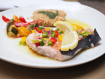 swordfish filet, swordfish, paprika vegetables, gourmet, nutrition, food, meal