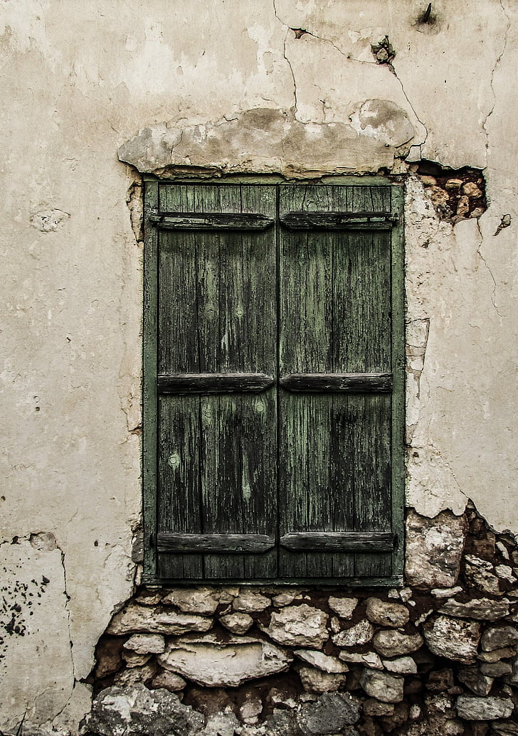 Ciprus, Paralimni, régi ház, ablak, romok, zöld, hagyományos