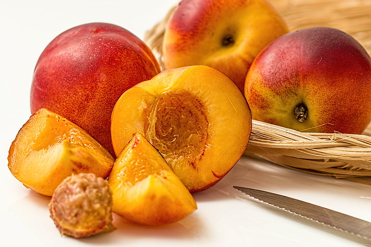 nektarinų, persikų, vaisių, lapuočių, Sultingas, mielas, geltona