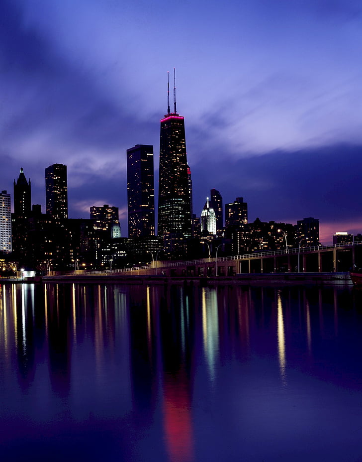 Skyline, Chicago, alkonyat, belváros, Sears tower, Willis tower, víz