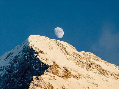 краєвид, Фотографія, Гора, місяць, малюнок, сніг, гірські скелі