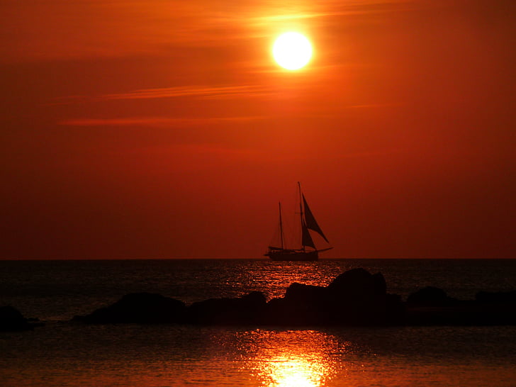 sailboat, sea, golden, hour, sunset, water, ocean