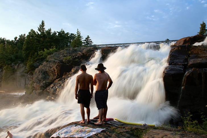 men, nature, people, rocks, trees, waterfall, outdoors