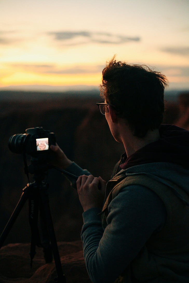 kamera, vīrietis, persona, fotogrāfs, saullēkts, saulriets, ņemot fotogrāfiju