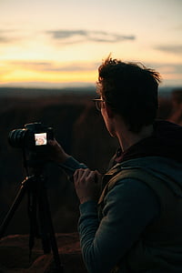camera, man, person, photographer, sunrise, sunset, taking photo