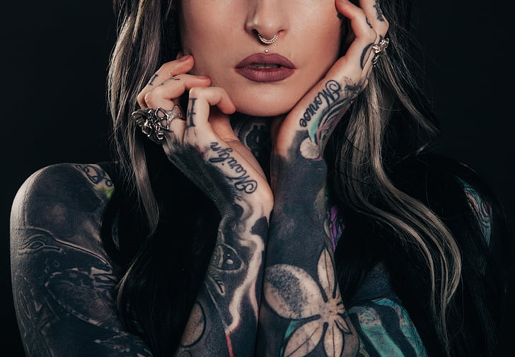 woman, wearing, flower, tattoo, hands, model, person