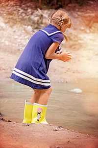person, human, child, girl, rubber boots, water, out