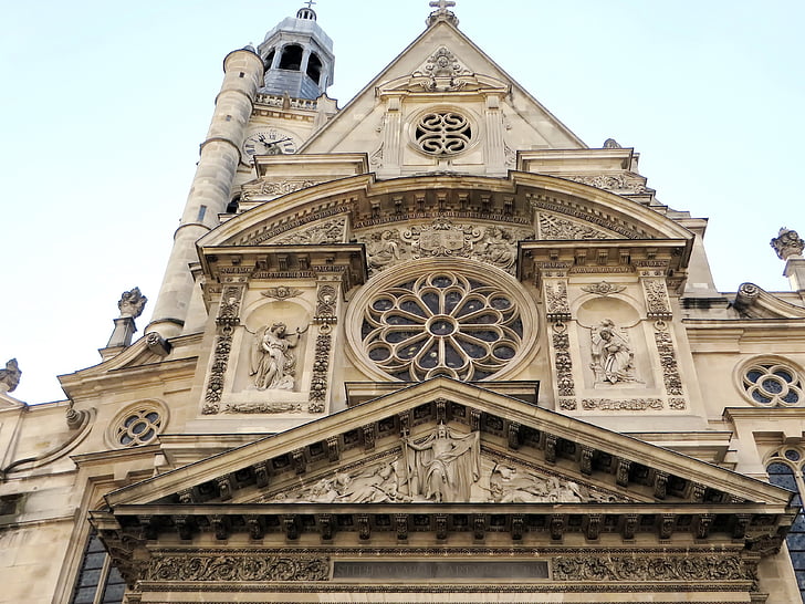 Paříž, St etienne au mont, fasáda, růžice, sochy, Zvonice, Perspektiva