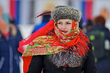 Rusija, žiemą, lauko, moteris, šalikas, nacionalinės, apranga