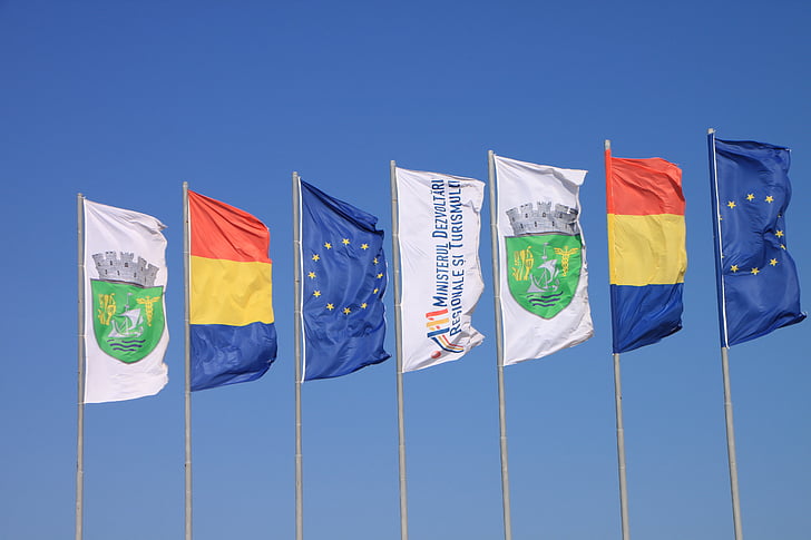 stranden, färgade, land, flaggor, Neptune, Rumänien, soligt