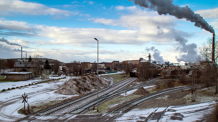 landscape, industry, industrial landscape, chimneys, sky, smoke, railroad Track