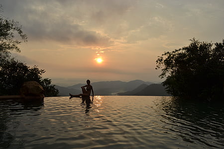 vodopád, Západ slunce, bazén, Indie, Goa