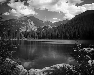 black-and-white, clouds, forest, lake, landscape, mountain, nature
