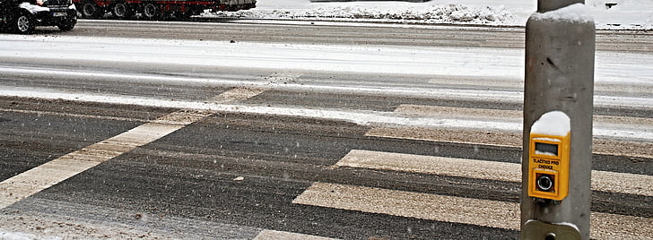 voetgangersoversteekplaats, auto 's, winter, weg, sneeuw, vlokken, vrachtwagen