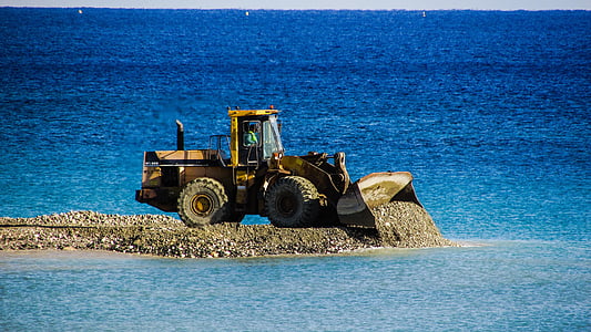 bulldozer, unload, gravel, embankment fill, vehicle, construction, marina