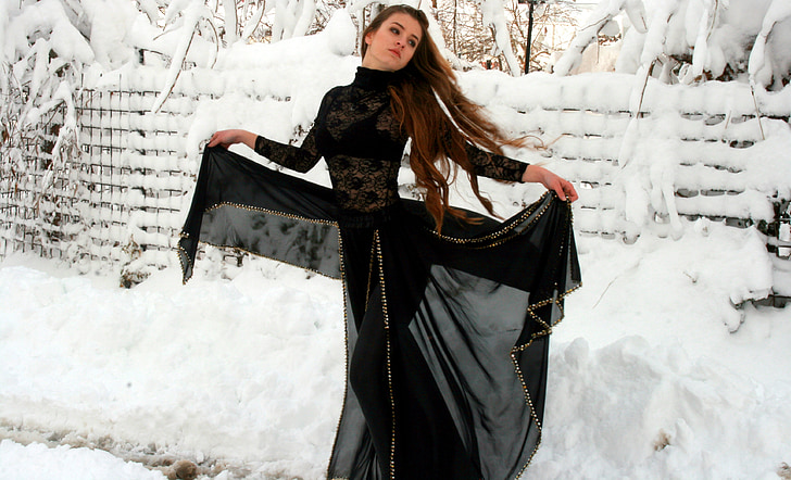girl, dance, snow, long hair, wind, black, dress