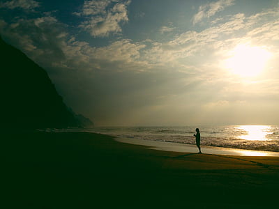 beach, person, sea, silhouette, sunshine, nature, outdoors