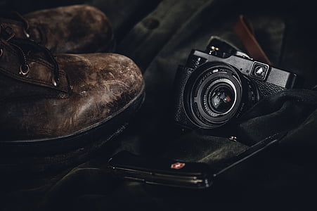 livsstil, rejse, sko, støvler, kamera, fotografering, kamera - fotografisk udstyr