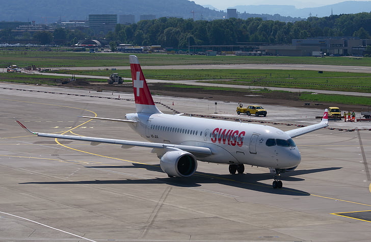 Rozwiązanie cs100 Bombardier, linie lotnicze Swiss, samolot, Lotnisko, Zurych, ZRH, Lotnisko Zurych