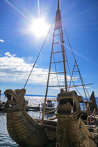 marrom, barco, mar, dia, Barcos do Inca, Isla del Sol, Bolívia