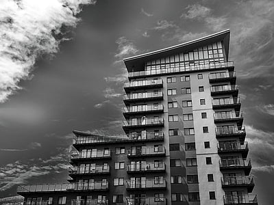 Apartament, arquitectura, balcó, blanc i negre, edifici, ciutat, Centre