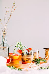 drinking glasses, fruits, table, tray, food, decoration