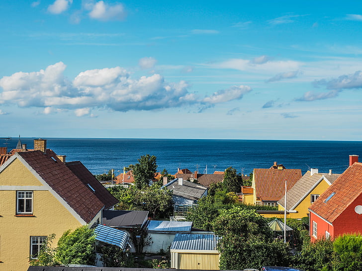 denmark, europe, bornholm, sea, roof tops