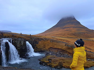 kirkjofell, Islandija, krioklys, kalnų, vandens, dangus, panele