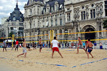 volleyball, beach volleyball, urban, paris, town hall, sand