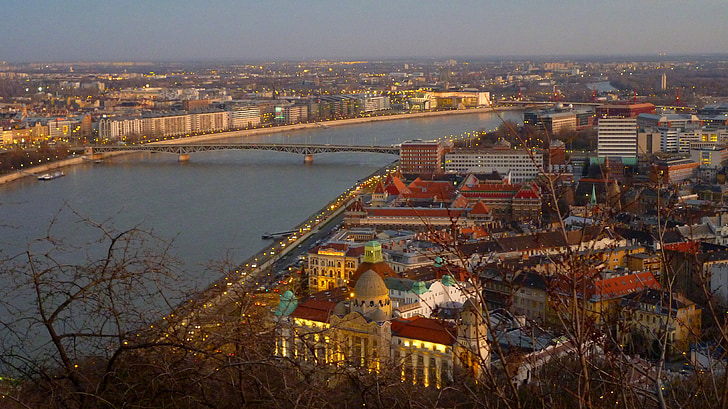 Budapest, Ungern, solnedgång, lampor, Donau, Panorama, Lamplight