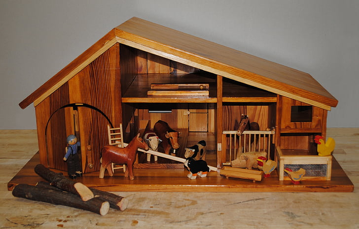 brinquedos, casa de fazenda, tenda, animais de madeira, artesanato