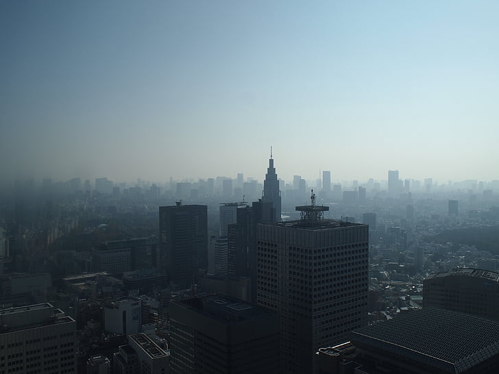 Tokyo, morgon, Shinjuku, Haze, höghus, arkitektur, Skyline