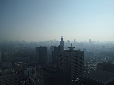Tokió, reggel, Shinjuku, Haze, sokemeletes épületek, építészet, Skyline