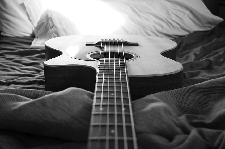 acoustic, acoustic guitar, black-and-white, body, fret, fretboard, guitar