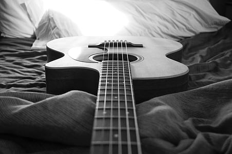 acoustic, acoustic guitar, black-and-white, body, fret, fretboard, guitar