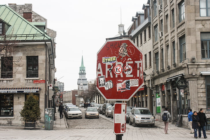 Montreal, znak Stop, wandalizm, graffiti, Miasto, Przystanek, Québec