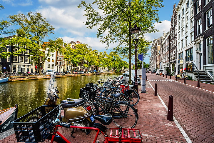 Amsterdam, rue, canal, vélo, vélo, voyage, transport