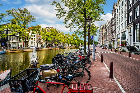 Amsterdamas, gatvė, kanalas, dviratis, dviratis, kelionės, transportas