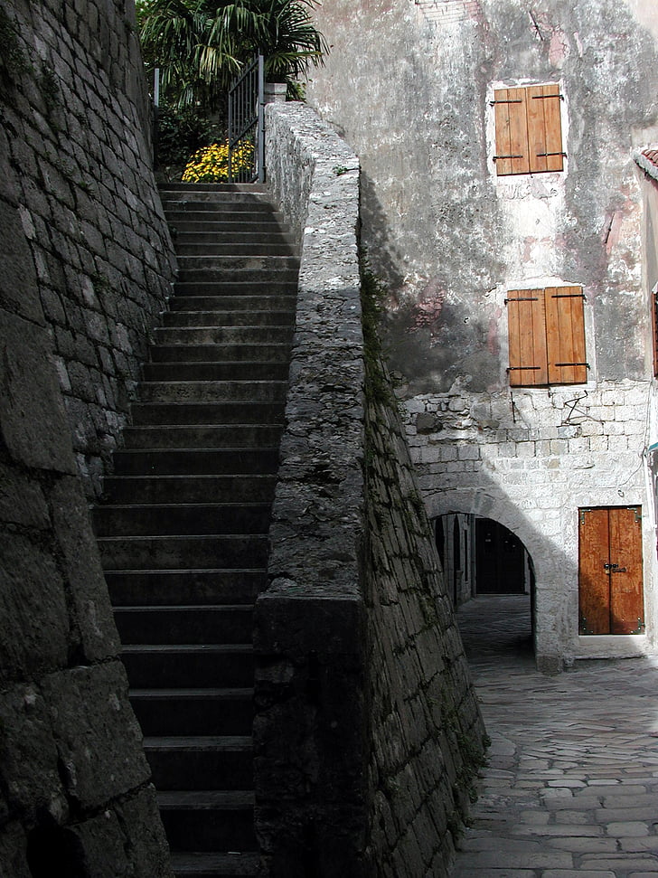 kotor, montenegro, stairs, steps, old city, walled city, travel