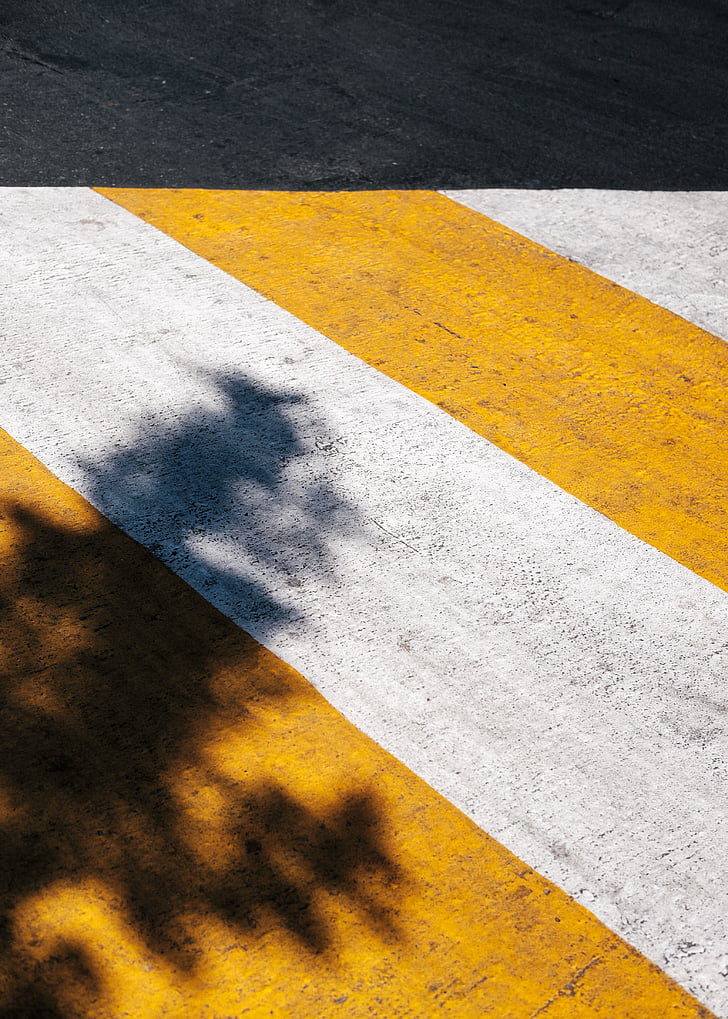pedestrian, lane, shadow, white, yellow, paint, street