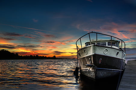 bateau, HDR, coucher de soleil, eau, Lac, couleurs, Dim