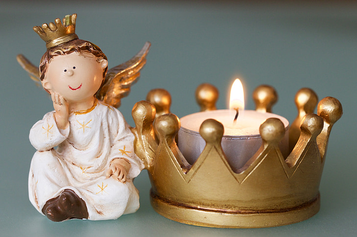 Ángel, corona, vela, figura de barro, tiempo de Navidad, estatua de, culturas