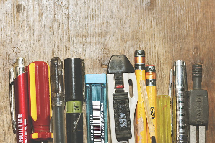 instruments d’écriture, stylo, crayon, crayon de plomb, outils, instrument, coupeur de boîte