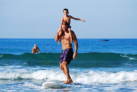 man, carrying, boy, surfing, happy, bodies, person
