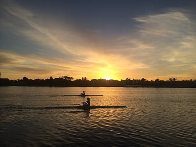 oarsmanship, dayung, olahraga, kegiatan, air, Sungai, matahari terbenam